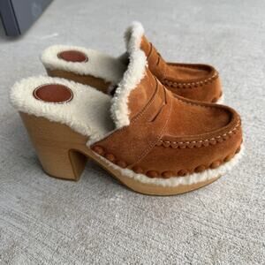 Chloe Joy Suede & Shearling Caramel Cognac Block Heel Clogs Size 38 Eu / 7.5 US